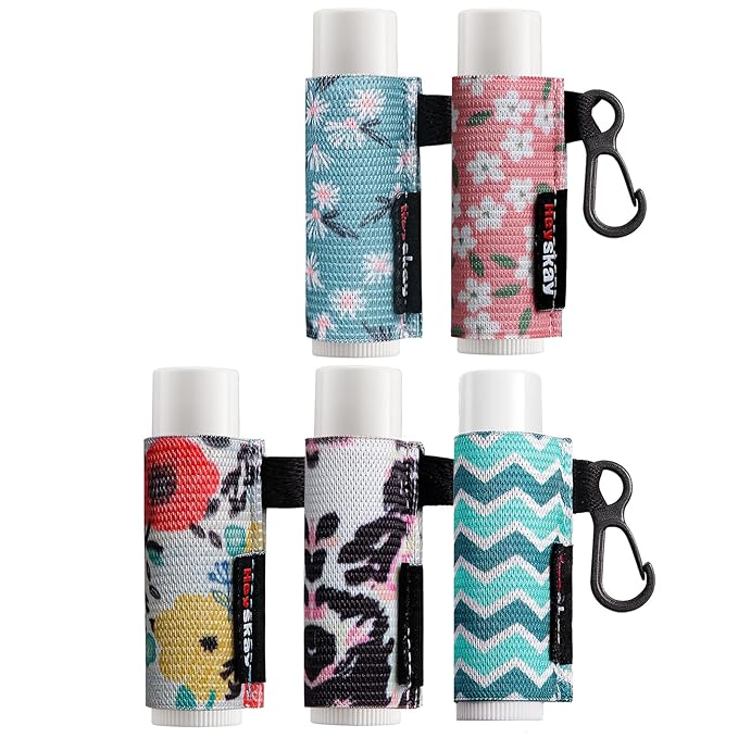 5pcs Lip Balm Holder Keychain Lipstick Sleeves Chapstick Lip Gloss Holder Keychain Elastic Sleeves for Men Women(Wave/Flower/Leo)