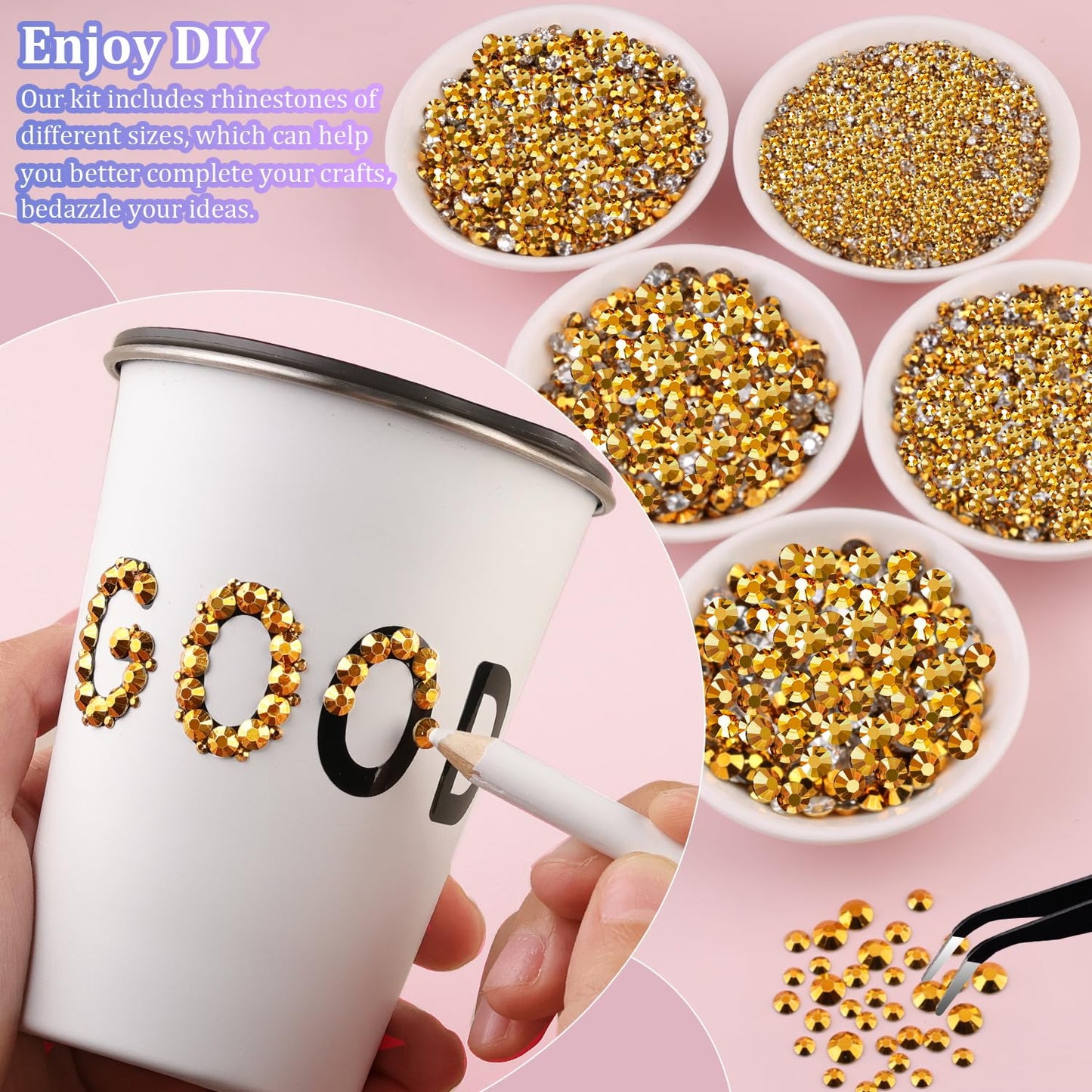 30000Pcs Mine Gold Rhinestones for Bedazzling with B7000 Jewelry Glue, Bedazzler Kit Flatback Gems, Resin Rhinestones for Crafting Crafts Clothing Shoes Fabric Nail Art Assorted Size 2/3/4/5/6mm