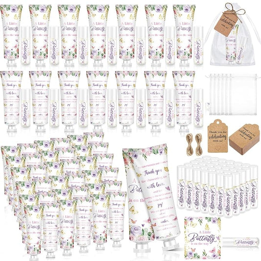 50 Sets 200 Pcs Baby Shower Hand Lotion and Lip Balm Gift Theme Baby Shower Party Favors Travel Size Hand Lotion and Lip Balm Bulk with Organza Bags Tags(Butterfly)