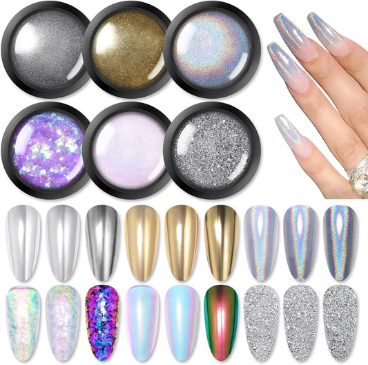 BORN PRETTY Chrome Nail Powder Holographic Nail Art Auroras Mermaid Pearl Nail Powder Reflective Glitter Manicure Pigment Chrome Powder 6 Boxes