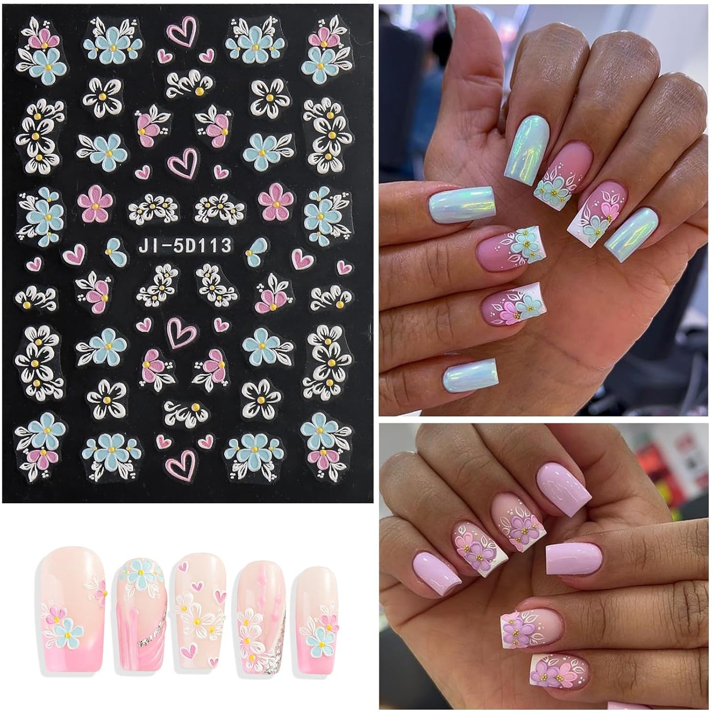 5 Sheets 5D Flower Nail Art Stickers Embossed Nail Decals Spring Summer Nails Art Design 3D Self-Adhesive Nails Supplies White Yellow Blue Colorful Flower Stickers for Women Nail Decoration