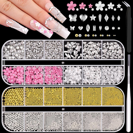 2 Boxes Metal Nail Beads (Silver+Gold) and 3D Flowers and Glass Rhinestones (Clear) for Art, Half Flatback Pearls (White) Crystals Pearl Nail Charms and Round Caviar Beads for Manicure Decor