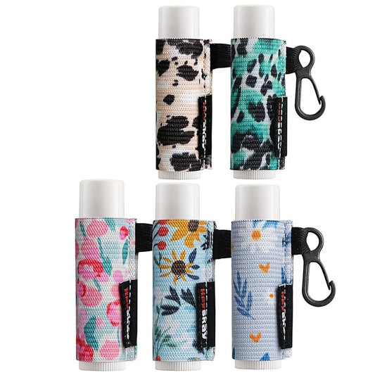 5pcs Lip Balm Holder Keychain Lipstick Sleeves Chapstick Elastic Sleeves for Men Women(Daisy/Tulip/Leo)