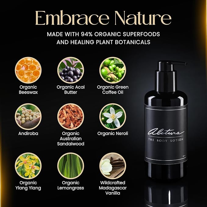 Alitura Naturals Organic Face & Body Lotion – Anti-Aging Moisturizer with Olive Oil & Acai Butter – Hydrating Cream for Dry, Sensitive & Aging Skin – For Men & Women – 200ml