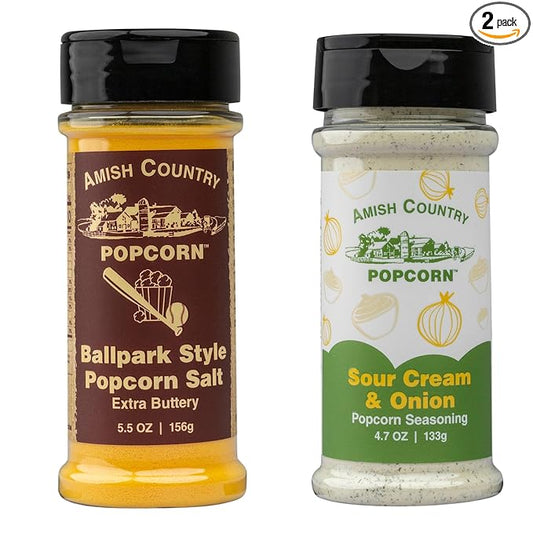 Amish Country Popcorn | Seasoning Variety Pack | Ballpark Style Buttersalt - 5.5 oz and Sour Cream and Onion - 4.7 oz Popcorn Seasoning | Old Fashioned, Non-GMO and Gluten Free
