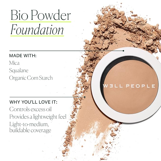 Well People Bio Powder Foundation, Lightweight & Hydrating Foundation For Perfecting & Smoothing Skin, Semi-Matte Finish, Vegan & Cruelty-free, 7W