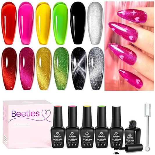 Beetles Gel Nail Polish Set, 6 Colors Silver Cat Eye Gel Polish Sheer Jelly Red Pink Yellow Green Black Neon Gel Translucent Glitter Effect with Magnet Soak Off UV Manicure Gifts for Women