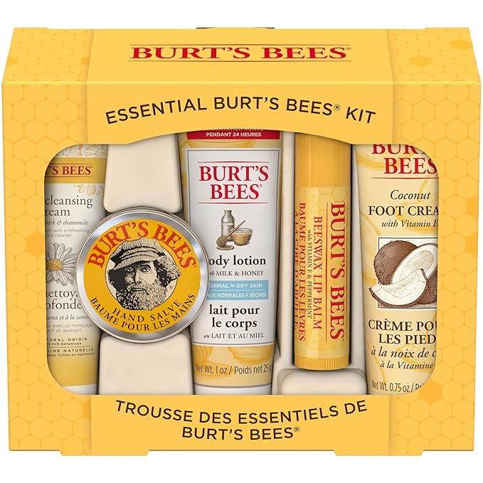 Burt's Bees Back to School Gifts Ideas, 5 Body Care College Dorm Products, Everyday Essentials Set - Original Beeswax Lip Balm, Deep Cleansing Cream, Hand Salve, Body Lotion & Foot Cream, Travel Size