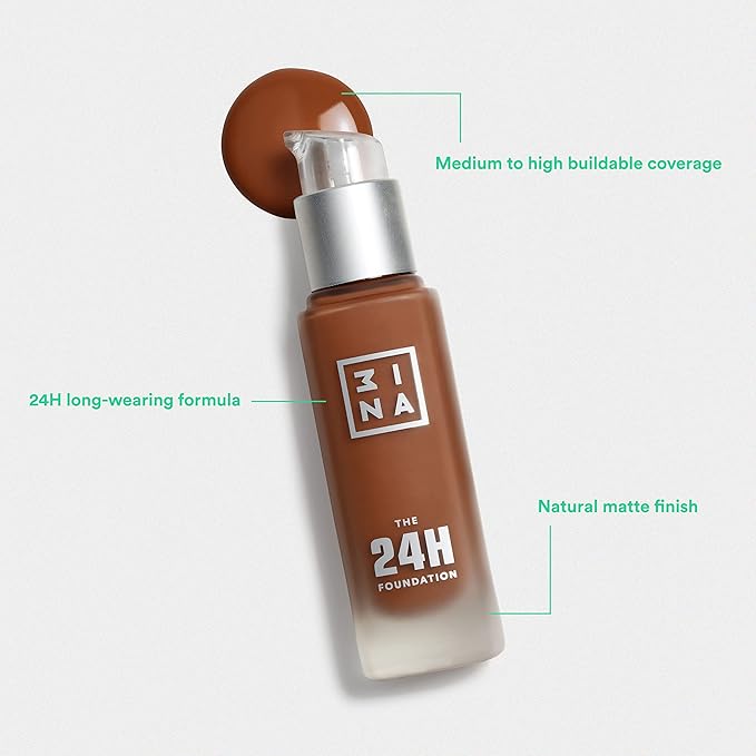 3INA The 24H Foundation 641-24H Long-Wearing Formula - Medium To High Buildable Coverage - Smooth Matte Finish - Expanded Shade Selection - Waterproof, Cruelty Free, Vegan Makeup - 1.01 Oz