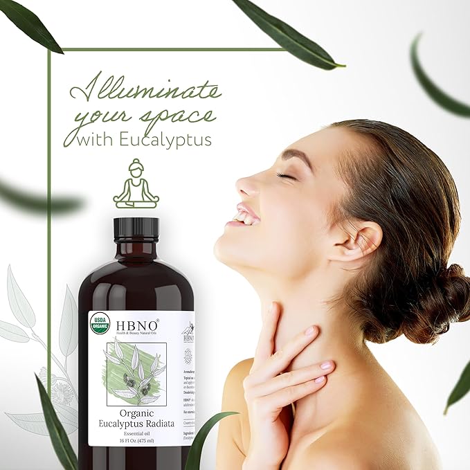 HBNO Organic Eucalyptus Radiata Oil - 16 oz (475ml) Value Size - Ideal for Shampoos, Conditioners, Mouth Washes, Face wash, Lotions, and Skin Care Products