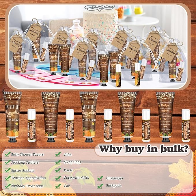 50 Sets 200 Pcs Baby Shower Hand Lotion and Lip Balm Gift Theme Baby Shower Party Favors Travel Size Hand Lotion and Lip Balm Bulk with Organza Bags Tags(Rustic Pumpkin)