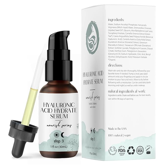 Hyaluronic Acid Face Serum - Hydrating Anti Wrinkle Anti Aging Facial Serum - With Vitamin C and E, Green Tea, Jojoba Oil - Natural and Organic - 1 Oz by Foxbrim Naturals