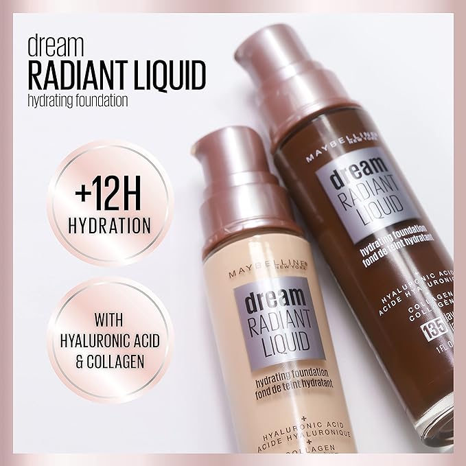 Maybelline Dream Radiant Liquid Medium Coverage Hydrating Makeup, Lightweight Liquid Foundation, Porcelain Ivory, 1 Count
