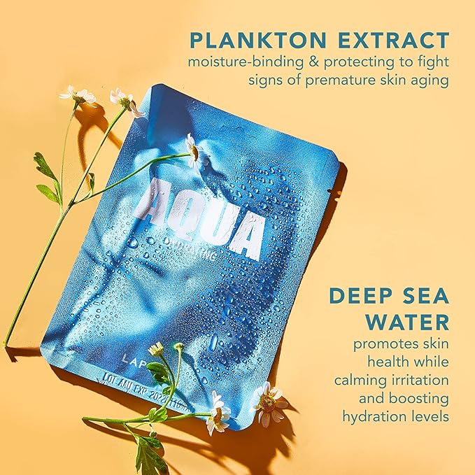 LAPCOS Aqua Sheet Mask, Hydrating Daily Face Mask with Seawater and Plankton Extract to Nourish Skin, Korean Beauty Favorite, 5-Pack