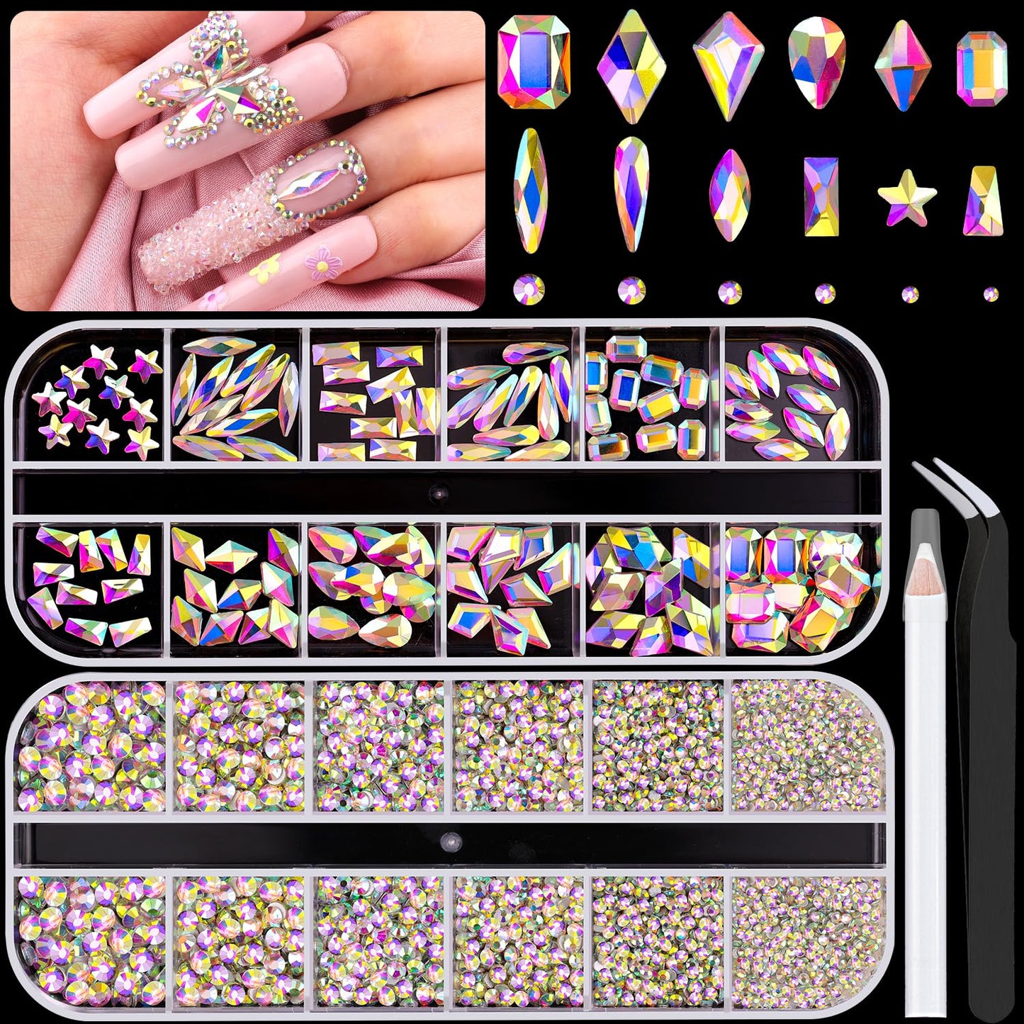 3220Pcs AB Glass Nail Rhinestones 120Pcs Multi Shapes Flatback Gems Crystal + 3100Pcs 1.5-4mm Round Beads, Manicure Diomand Jewelry Gemstones for Nail Design Makeup Acrylic Nails Decoration