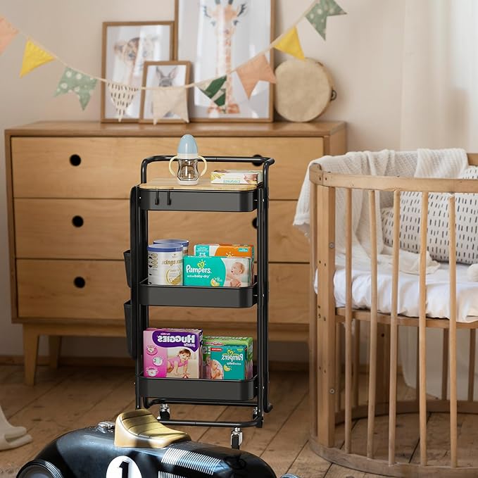 DTK 3 Tier Metal Utility Rolling Cart with Table Top and Side Bags, Tray Storage Organizer Wheels, Art Craft 4 Hooks for Kitchen Bathroom Office Living Room (Black)