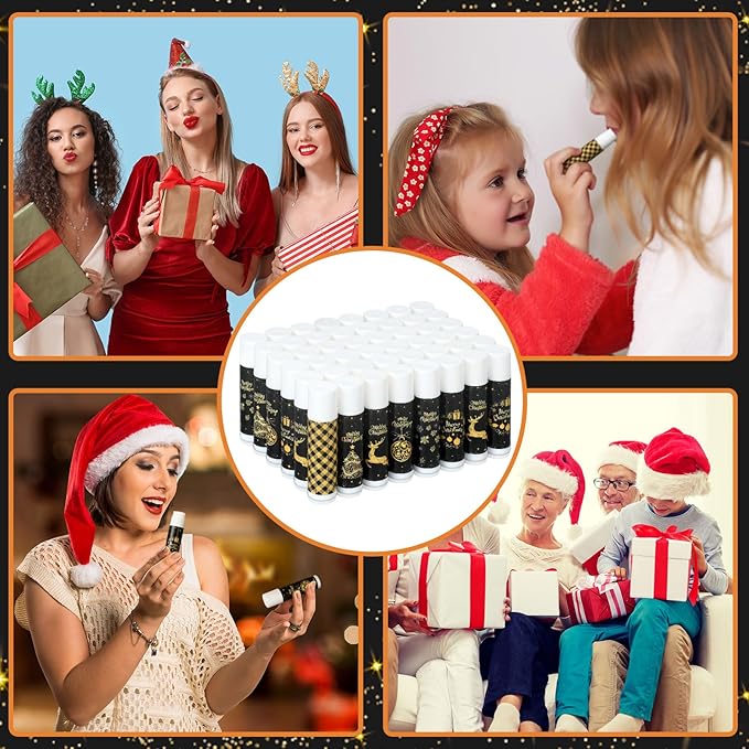 48 Pcs Lip Balm Bulk Gift Christmas Black Gold Lip Balms Christmas Lips Care Products, Lip Moisturizer Treatment for Christmas Stocking Stuffers, Appreciation Gifts for Women Girls Employee