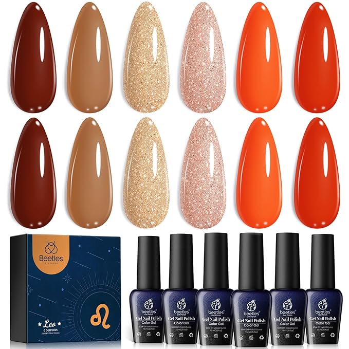 Beetles Fall Gel Polish Nail, 6 Colors Golden Empire Orange Yellow Brown Gel Polish Set Soak Off Uv LED Lamp Trendy Manicure Gel Nail Polish Kit for Girls Women