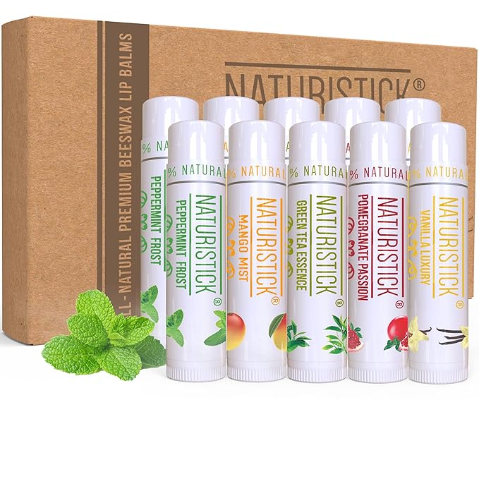 10-Pack Lip Balm Gift Set by Naturistick. Assorted Scents. 100% Natural Ingredients. Best Beeswax Chapsticks for Dry, Chapped Lips. Made in USA for Men, Women and Children