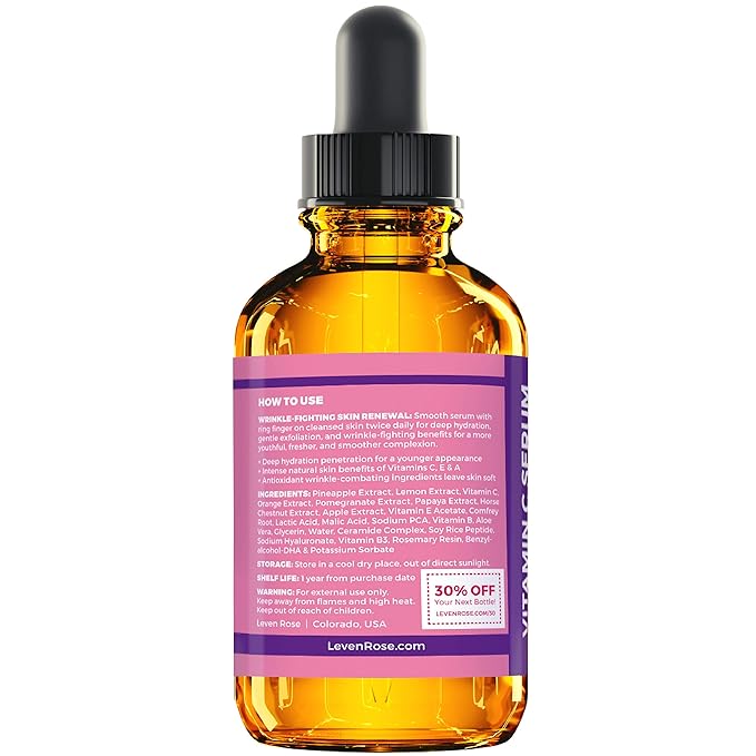 Vitamin C Brightening Serum by Leven Rose 100% Natural Dark Spot Remover for Face for Collagen Boost, Anti-Aging, Deep Hydrating for Dry Skin, Collagen Building Face Moisturizer 1 oz
