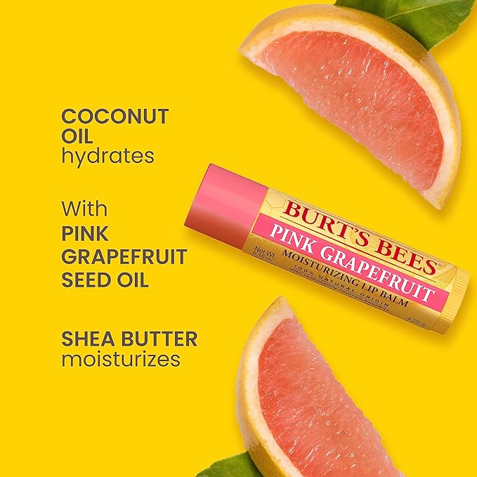 Burt's Bees Lip Balm - Pink Grapefruit, Lip Moisturizer With Responsibly Sourced Beeswax, Tint-Free, Natural Origin Conditioning Lip Treatment, 2 Tubes, 0.15 oz.
