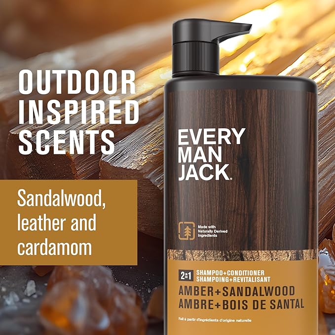 Every Man Jack 2-in-1 Daily Shampoo + Conditioner - Amber + Sandalwood | Nourishing For All Hair Types, Naturally Derived, Cruelty-Free Shampoo and Conditioner Set for Men | 24oz -1 Bottle