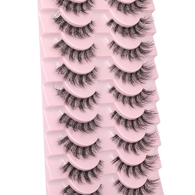FANXITON Mink Lashes with Clear Band 15 MM 10 Pairs Cat-Eye Lashes Natural Look False Eyelashes Pack Wispy Eyelashes 3D Faux Mink Eyelashes