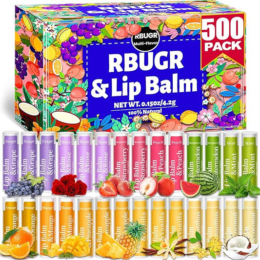 500 Pcs Lip Balm Bulk, 12 Flavored Organic Natural Lip Balms for Gifts Party Favors, Moisturizing Bulk Lip Balms for Dry Cracked Lips, Bulk Lip Balm with Vitamin E and Coconut Oil (4.2g/0.15oz)