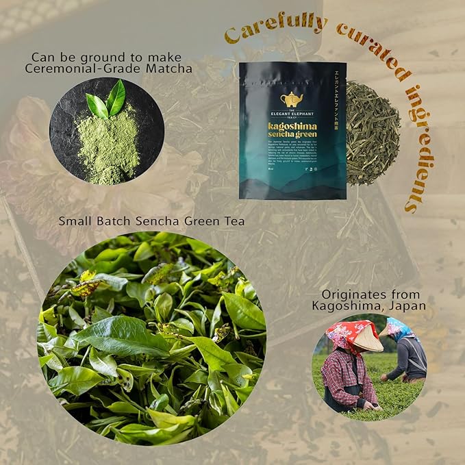 Japanese Sencha Green Tea, Organic Loose Leaf Sencha Tea – Antioxidant & Detox Support – Refreshing Hot or Iced Green Tea – 8 oz Resealable Bag (Makes 100 Cups) – The Elegant Elephant