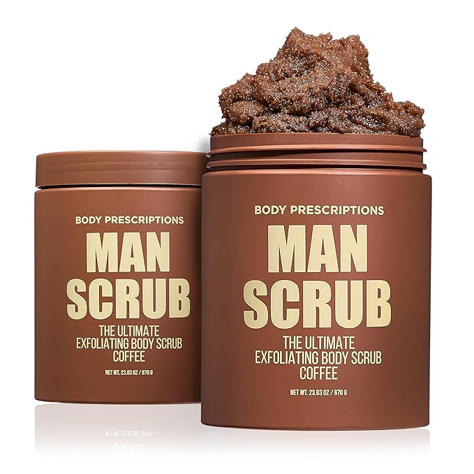 Body Prescriptions Men’s Exfoliating Body Scrub – Ultimate Skin Cleansing Wash in Jar with Twist-Top Lid, For All Skin Types, 21 Ounce (Pack of 2), Coffee