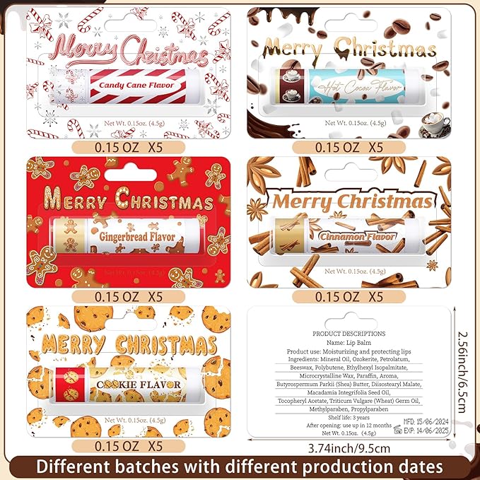 25 Pcs Christmas Lip Balms Stocking Goodie Bags Stuffers Bulk Xmas Gifts Candy Hot Cocoa Cookie Cinnamon Gingebread Biscuits Flavor 5 Style Holiday Treat Small Gifts Party Supplies