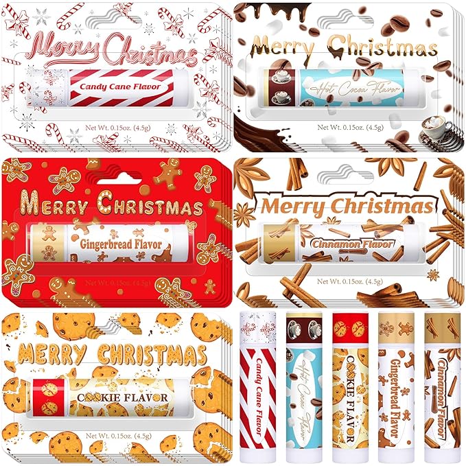 25 Pcs Christmas Lip Balms Stocking Goodie Bags Stuffers Bulk Xmas Gifts Candy Hot Cocoa Cookie Cinnamon Gingebread Biscuits Flavor 5 Style Holiday Treat Small Gifts Party Supplies