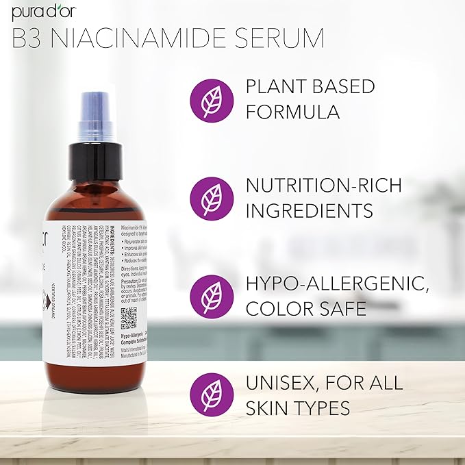 PURA D'OR 3.3 Oz B3 Niacinamide Advanced Facial Serum - Skin Care Formula with Retinol For Wrinkles, Hydration & Radiant Complexion - All Skin Types, Hypoallergenic - Women & Men