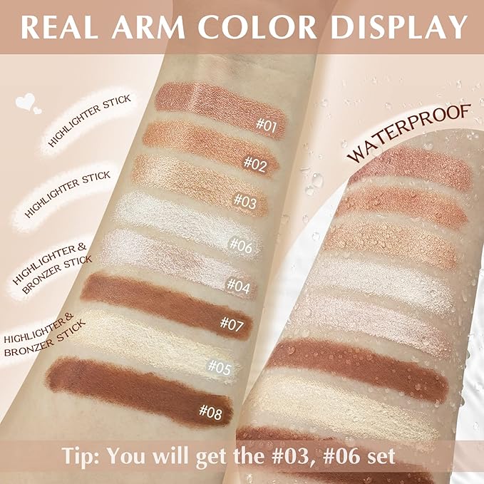 2 Pcs Cream Contour Stick Makeup Kit, Cream Highlighter Stick & Contour Bronzer Stick for Cheeks, Lightweight Blendable Smooth -Highlighter (#03 Champagne Gold #06 Silver)