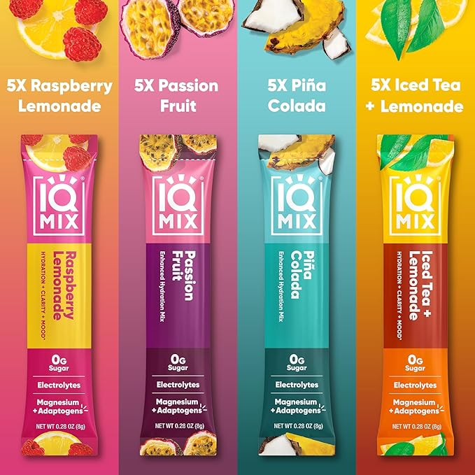 IQMIX Hydration Electrolyte Powder – 4-in-1 Formula for Hydration, Mental Clarity, Mood and Recovery – Sugar-Free Drink Mix, Keto, Magnesium L-Threonate, Lion’s Mane – 20 Count Vacation Variety Pack