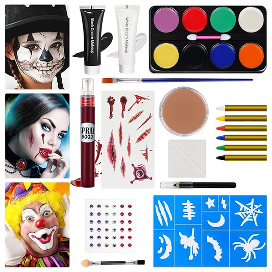 Halloween Makeup Kit, White Black Skeleton Face Paint, Clown Witch Makeup Palette, Vampire Zombie Makeup Kids Adult Special Effects: Fake Blood Scar Wax Tattoos Stencils Crayons Set