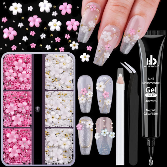 3D Flowers, Manicure Kit with Gel Glue, White Pink Acrylic Flower Nail Charms with Caviar Beads, Rhinestones + Gem Glue for Nails (UV/LED Needed) with Dotting & Pickup Tools