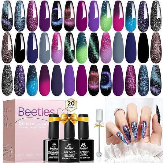 Beetles Cat Eye Gel Polish Set - 24Pcs 20 Colors Glitter Dark Color Changing Gel Nail Polish Kit with Base Gel Glossy Matte Top Coat Soak off UV DIY Nail Art Salon Ombre Black Nails Gift