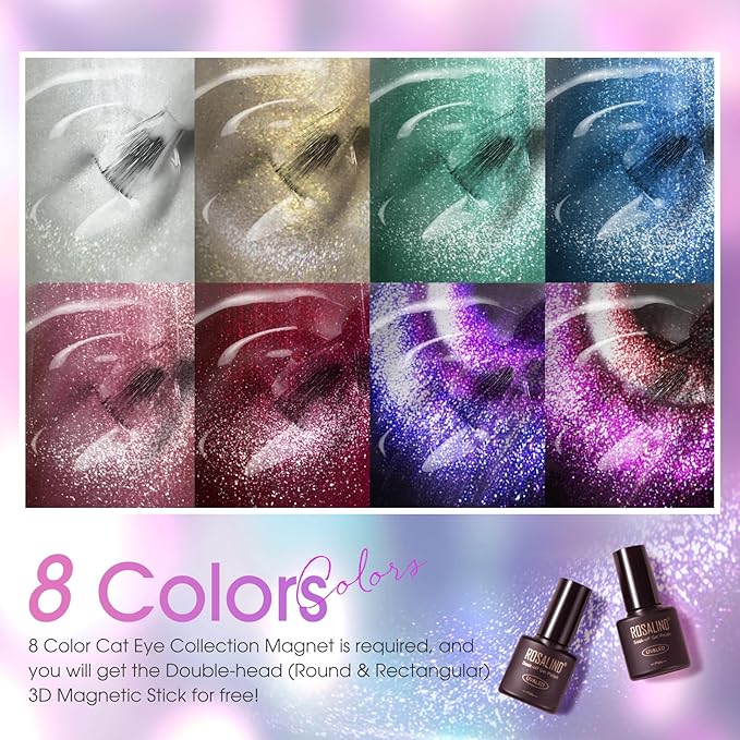 ROSALIND Cateye Gel Polish, 8 Colors Holographic Magnetic Cat Eye Gel Nail Polish Set with Magnet, Red Blue Purple Black Gel Polish Galaxy Collection Nail Art Gift DIY at Home