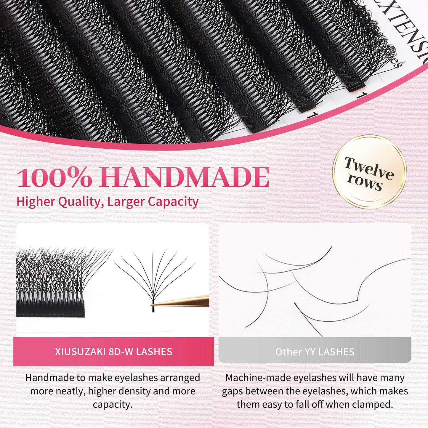 W Lash Extensions Supplies 8D Eyelash Extensions W Shape 0.07mm Thickness C Curl 9mm Premade Fans Easy Fan Lashes Volume Matte Black 12 Rows Crisscross Eye Lashes(W-8D-0.07-C,9mm)