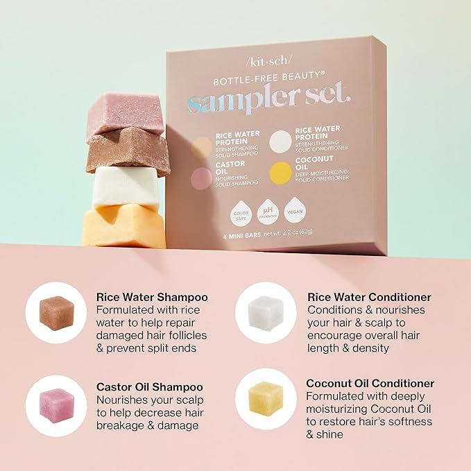 Kitsch Shampoo and Conditioner Set - 4pc Sampler Bars with Rice Water Shampoo and Conditioner, Castor Oil Shampoo & Coconut Oil Conditioner - Bottle-Free Beauty for Hair Growth, Repair & Moisture