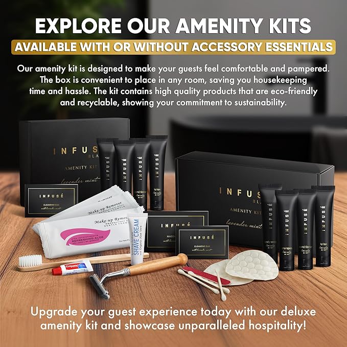 Infuse Black Amenity Kit | Boxed Hotel Toiletries | Bulk Set 1 oz Travel Size Shampoo, Conditioner, Lotion, Body Wash & Cleansing Bar for Guest Hospitality AirBnB/Vacation Rentals | 1 set per case