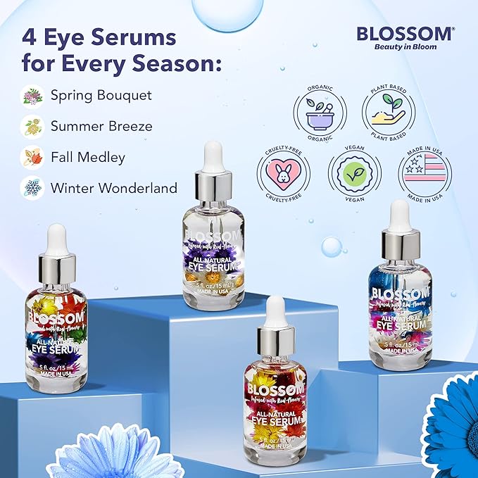 Blossom All Natural Organic Cruelty Free Moisturizing Eye Serum with Essential Oils, Infused with Real Flowers, Made in USA, 0.5 fl. oz./15ml, Winter Wonderland
