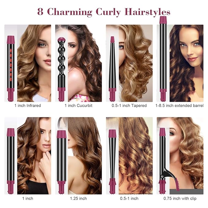IG INGLAM Curling Iron Wand Set, 8 in-1 Interchangeable Ceramic Barrels with Infrared, Cucurbit, Tapered, Extended, 1in, 1 1/4 in, 3/4in Barrels and Clips