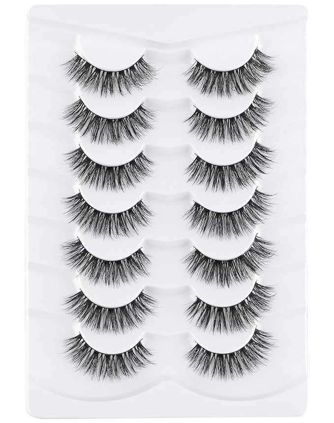 Lashes Wispy False Eyelashes Natural Look Fluffy Mink Lashes Doll Eyelashes Thick Faux Mink Eyelashes C Curl Fake Lashes 14MM 7 Pairs