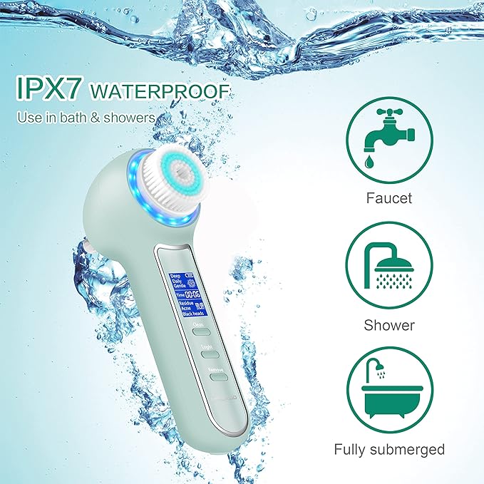Face Scrubber Exfoliator,Facial Cleansing Brush Waterproof with LCD Screen,Blackhead Remover Vacuum with 5 Brush Heads,Face Spin Brush for Exfoliating (Green)