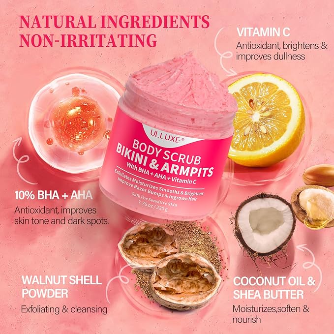 Bikini Area Exfoliator with 10% AHAs BHA & Vitamin C, Exfoliating Body Scrub for Ingrown Hair and Underarm Bumps, Dark Spots, Moisturize Brighten Soothe & Even Skin Tone, Sensitive Skin Safe, 7.76 oz
