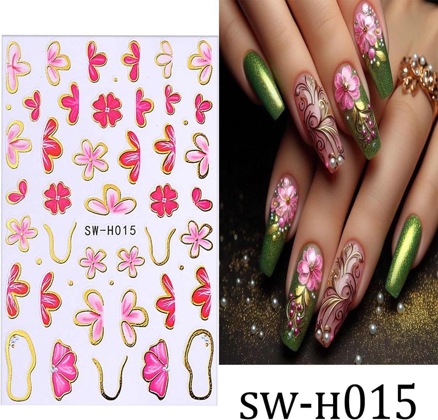 6 Sheets Flower Nail Art Stickers 3D Self-Adhesive Hot Stamping Blossom Nails Sticker Spring Nail Art Decals Holographic Floral Nails Decal Decoration for Women Flowers Manicure DIY Nail Supplies