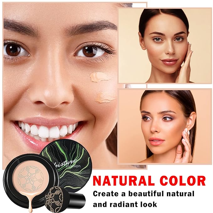 2PCS Mushroom Head Air Cushion CC Cream BB Cream Foundation,Moisturizing Concealer Makeup Base Foundation,Long Lasting Full Coverage Foundation with Mushroom Makeup Sponge(Natural)