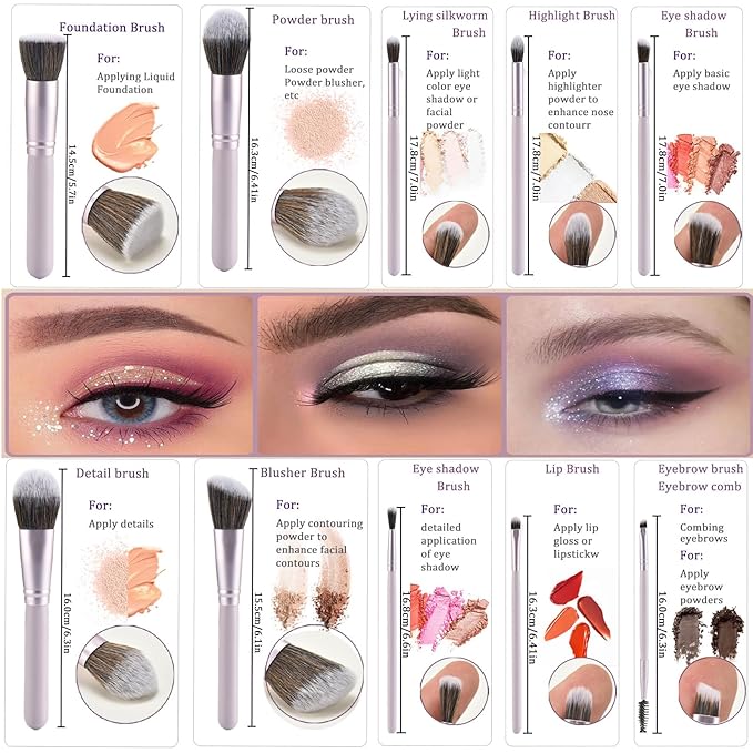 10 Piece Purple Makeup Brushes - Wooden Handle with Soft Synthetic Bristles,for Face & Eye Makeup|Professional Makeup Brushes set for Women & Girls|